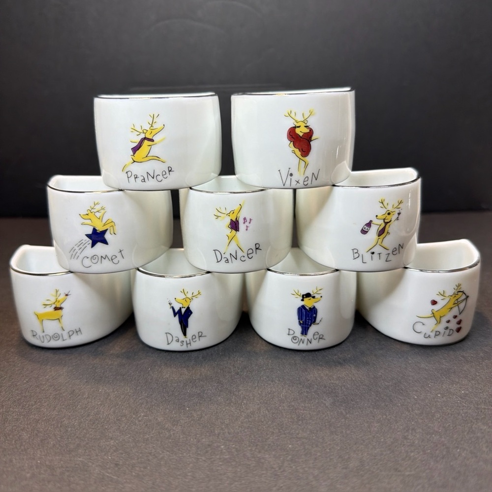 Vtg Pottery Barn Reindeer Napkin Ring set Rudolph Christmas Japan Porcelain 9 Pc